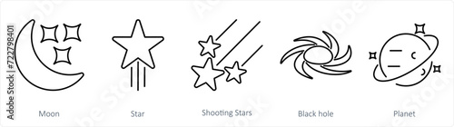 A set of 5 Astronomy icons as moon, star, shooting stars