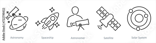 A set of 5 Astronomy icons as astronomy, spaceship, astronomer
