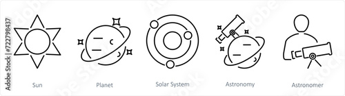 A set of 5 Astronomy icons as sun, planet, solar system photo