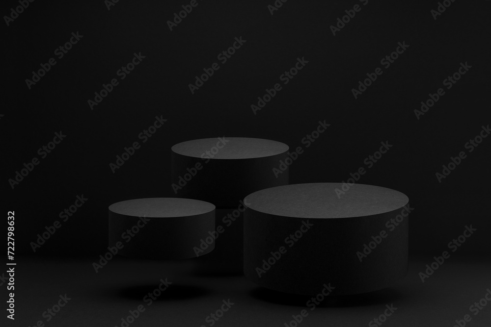 Three black round flying podiums, set, mockup on black background, shadow. Scene template for presentation cosmetic products, gifts, goods, advertising, design, display, showing in minimalist style. Three black round flying podiums, set, mockup on black background, shadow. Scene template for presentation cosmetic products, gifts, goods, advertising, design, display, showing in minimalist style.