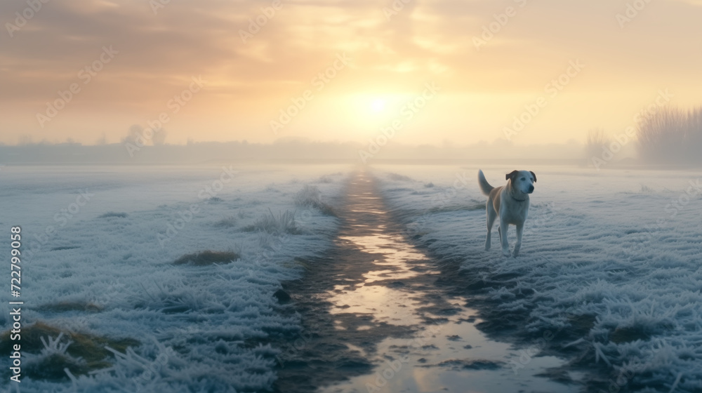 dog through snow at sunrise during winter
