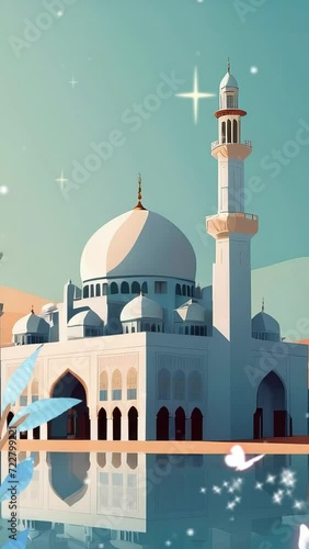blue mosque animated with stars leaves butterfly. live wallpaper