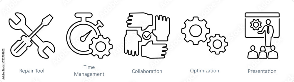 A set of 5 Mix icons as repair tool, time management, hand tool A set of 5 Mix icons as repair tool, time management, hand tool