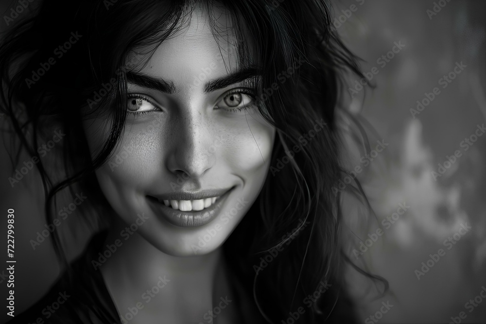 Close-up of a beautiful enchanting female face with a happy smile, with freckles. calm faded tone studio backdrop. generative AI Close-up of a beautiful enchanting female face with a happy smile, with freckles. calm faded tone studio backdrop. generative AI