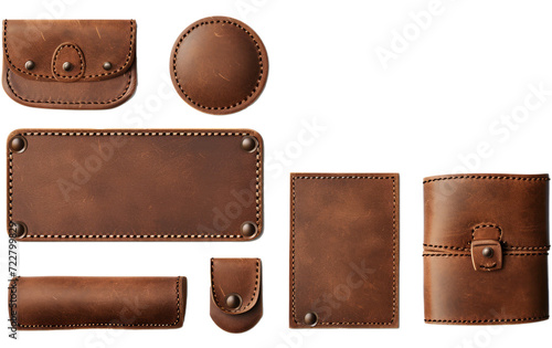 Set of brown isolated realistic leather patch. Round and rectangle calfskin material sample, rivet