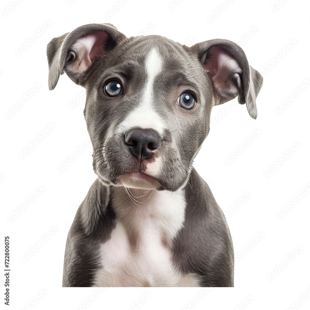 Studio shot of a gray and white pit bull puppy