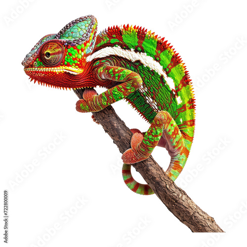 studio portrait of red green and yellow chameleon from the side on a stick © Zaleman