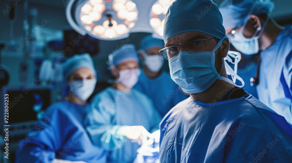 focused male surgeon in blue scrubs and a surgical mask in an operating room focused male surgeon in blue scrubs and a surgical mask in an operating room