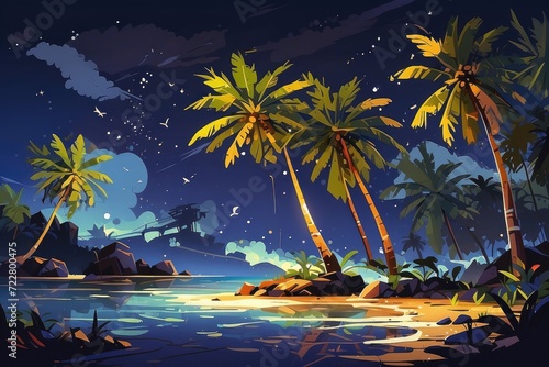 beach with tree palm at night illustration