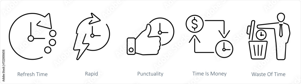 A set of 5 mix icons as refresh time, rapid, punctuality A set of 5 mix icons as refresh time, rapid, punctuality