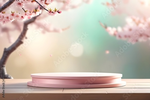 Podium for Product Cosmetics product advertising stand with pink cherry blossom flowers on bokeh blur background. Empty natural stone pedestal platform to display beauty product. Mockup