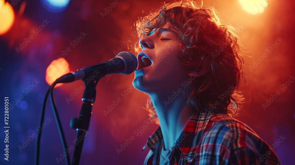 Obraz premium Young curly handsome guy sings karaoke