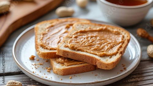 Toast spread with peanut butter lies on a white plate