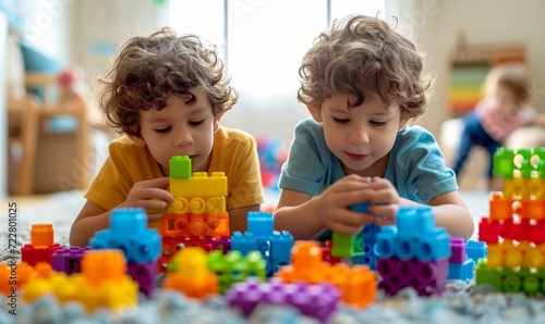 Two five-year-old boys are building a house from a multi-colored construction...