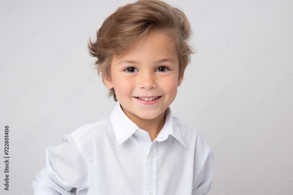 Portrait of a cute little boy in a white shirt on a gray background Portrait of a cute little boy in a white shirt on a gray background