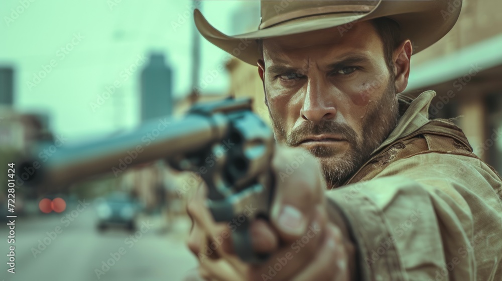 Handsome cool Texas Ranger with a gun looking at the camera Handsome cool Texas Ranger with a gun looking at the camera