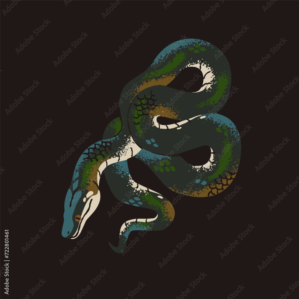 Fototapeta premium Rainbow boa. White lipped or water python. Tropical snake with patterned scale. Big exotic serpent with glossy skin. Dangerous cold blooded animal. Rainforest fauna. Flat isolated vector illustration