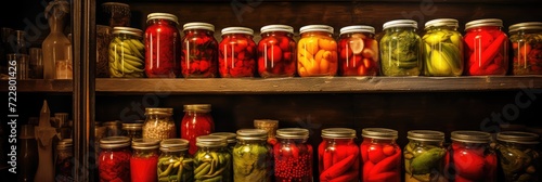 Pickling, Canning Vegetables, Many Glass Jars with Domestic Pickles in Basement, Canned Vegetables