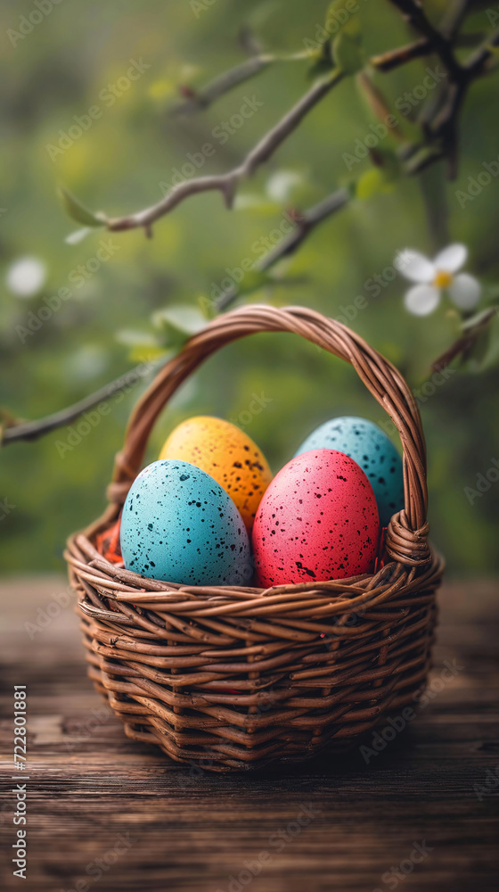 Basket with colored eggs. A vibrant basket filled with intricately decorated easter eggs sits amidst the beautiful outdoor scenery, evoking feelings of joy and springtime magic