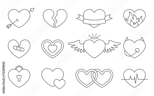 Love heart icon saint valentine day doodle black line set. Editable stroke enchanted lock angel broken heart separation devil wedding amur cupid arrow cardio pulse ribbon congrats isolated