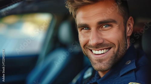 Handsome young American police officer sitting in his car and smiling while looking at the camera