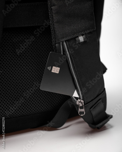 A bank card sticks out of a special card pocket on the strap of a black backpack