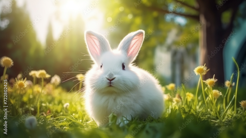 Fototapeta premium Ears Bunny Behind Grass And Decorated Eggs In Flowery Field