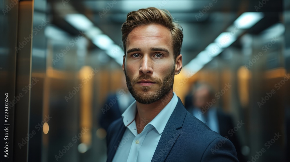 Handsome young businessman rides in an elevator Handsome young businessman rides in an elevator