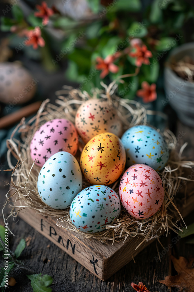 Group of eggs in a nest. Amidst the vibrant blooms, a colorful array of easter eggs rests in a nest, awaiting their transformation through whimsical egg decorating