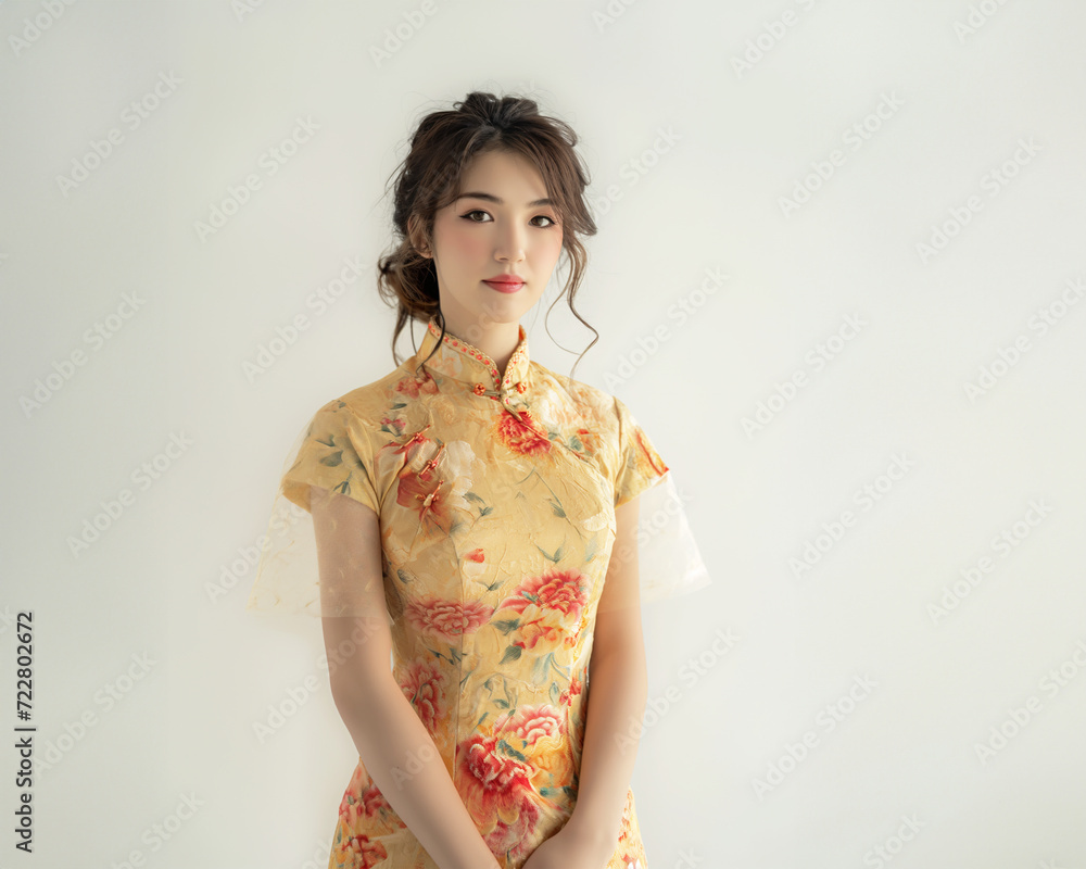 girl in gold cheongsam for Chinese happy new year concept girl in gold cheongsam for Chinese happy new year concept