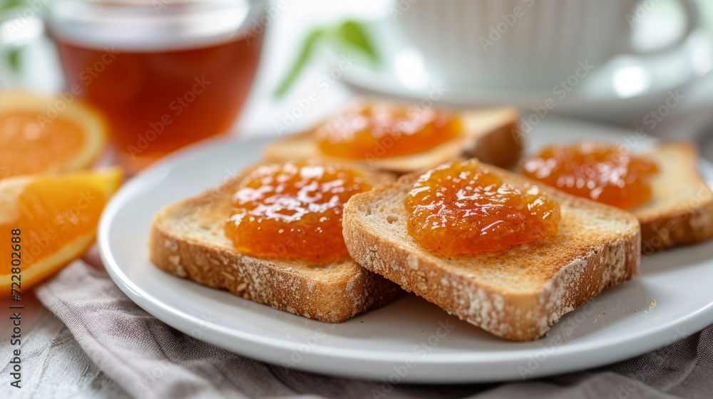 Toast with orange jam spread lies on a white plate Toast with orange jam spread lies on a white plate