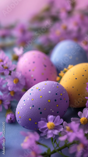 Group of colorful eggs with flowers. A vibrant gathering of whimsical easter eggs adorned with blooming flowers, exuding a playful and enchanting charm