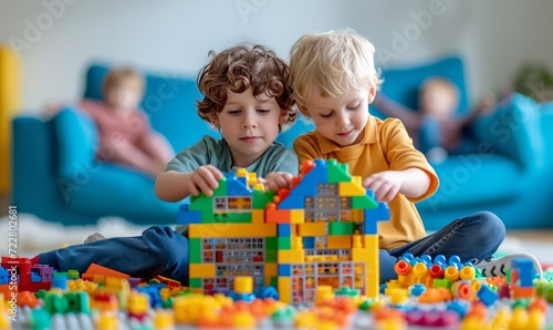 Two five-year-old boys are building a house from a multi-colored construction...