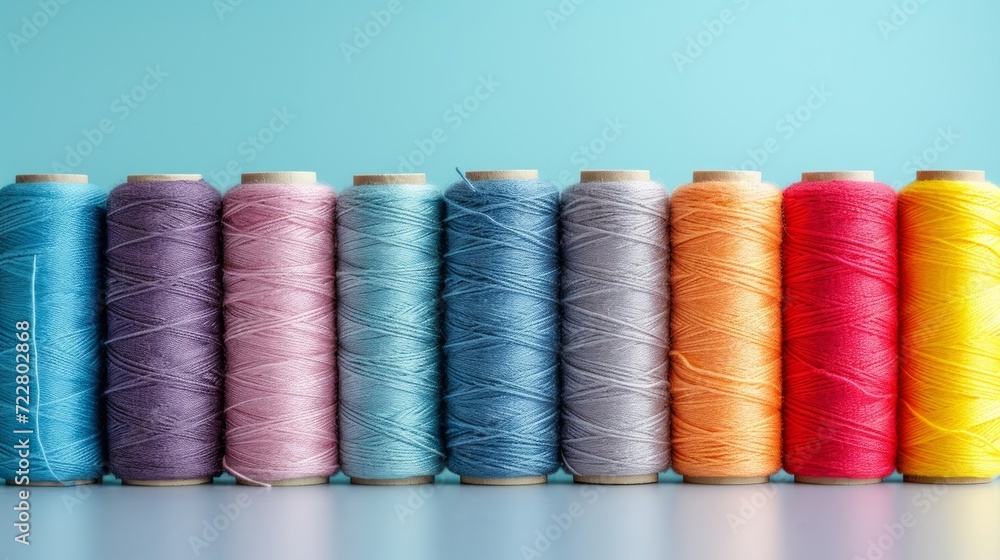 Multi-colored sewing threads lie in a row on a minimalistic bright background Multi-colored sewing threads lie in a row on a minimalistic bright background