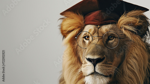 Portrait of lion wearing a graduation cap and glasses.