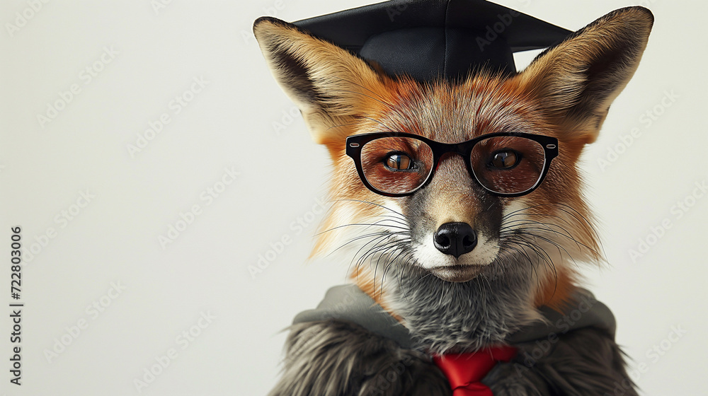 Portrait of fox wearing a graduation cap and glasses. Portrait of fox wearing a graduation cap and glasses.