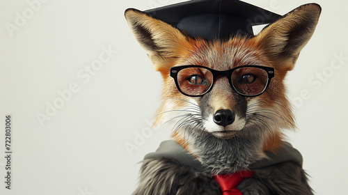 Portrait of fox wearing a graduation cap and glasses.