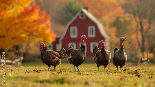 Turkeys walk on the grass in the yard of a classic American farm