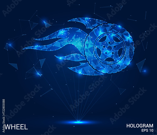 The hologram wheel. A tire made of polygons, triangles of points and lines. The wheel is on fire with a low-poly joint structure. Technology concept vector.