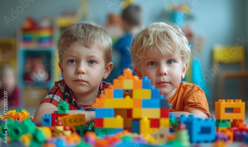 Two five-year-old boys are building a house from a multi-colored construction...