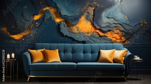 Artistic textured wallpaper behind of navy blue sofa with amber yellow pillows, abstract contemporary interior background