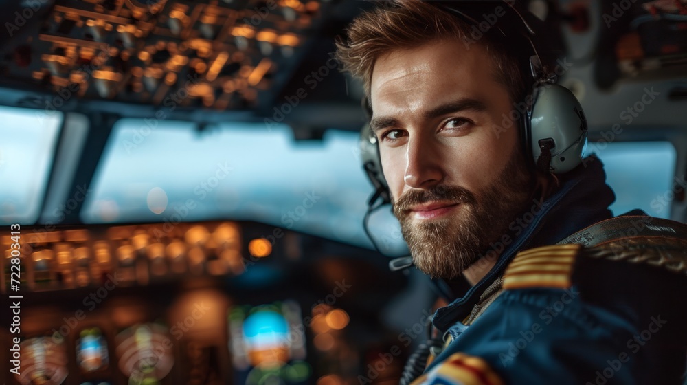 Young handsome pilot sitting in the cockpit of an airplane
