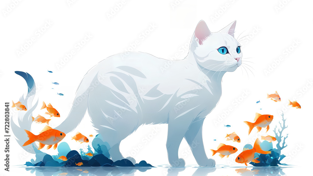 Silhouette of white cat and ocean fish
