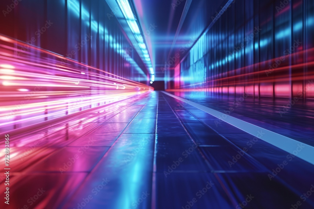 Futuristic neon-lit tunnel capturing the essence of speed and high-tech movement in a cybernetic environment. Futuristic neon-lit tunnel capturing the essence of speed and high-tech movement in a cybernetic environment.