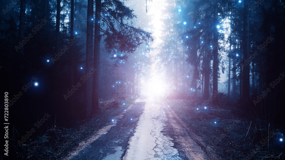 Magic purple blue foggy light in fairy tale forest road with artistic glowy illustrated fireflies.