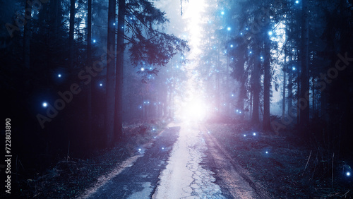 Magic purple blue foggy light in fairy tale forest road with artistic glowy illustrated fireflies.