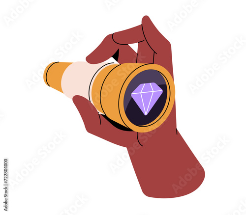 Person holds, looks through telescope. People search fortune, success in achieve goals, aims. Character found treasures, gem stones, diamonds. Flat isolated vector illustration on white background