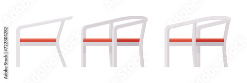 Wooden frame armchair set, light dining chair. Workroom, kitchen, living room, balcony, tea table, banquet accent. Vector flat style cartoon home or office furniture objects isolated, white background