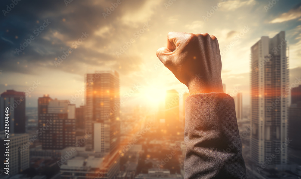 A woman praying at sunset in the city, her silhouette against the beautiful sky, with one hand raised towards the sun, capturing the beauty of her surroundings and the peaceful moment