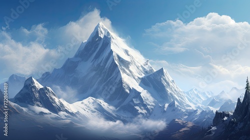 Snow-covered mountain peak against a backdrop of crystal-clear skies, creating an atmosphere of pure serenity and awe. Tranquil beauty, clear skies, serene atmosphere. Generated by AI.
